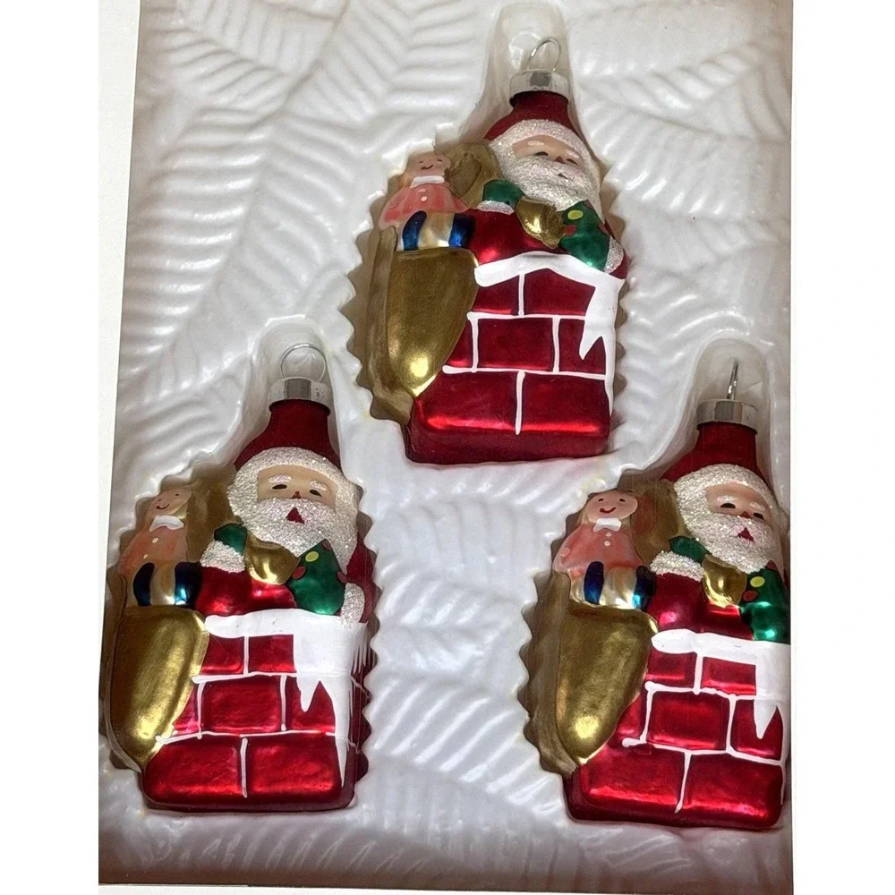 6 Glass Christmas Ornaments Hand Crafted Blown Boxed Vintage 2001 Santa Wise Men